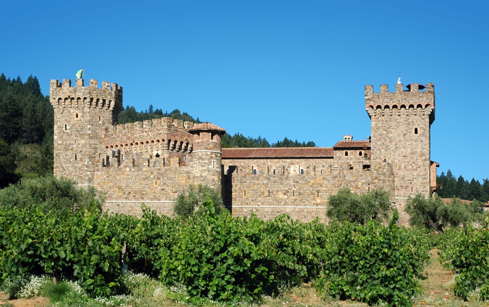 Stone medieval-style castle winery above vineyards at Castello di Amorosa near Calistoga, California